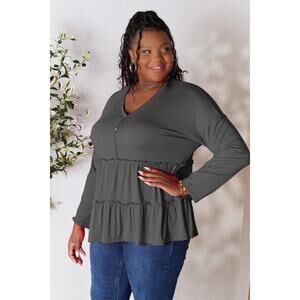 DOUBLE TAKE Dark Gray Button Tiered Long Sleeve Casual Top Women's Size 2X NEW